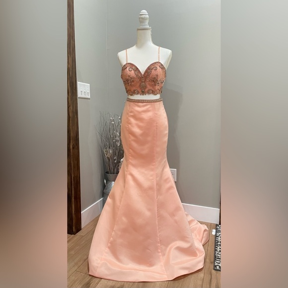 🌟Host Pick🌟Peach Rachel Allan Two Piece Sequined Gown - Picture 3 of 15